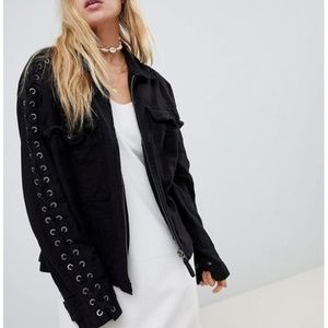 Free People Black Military Denim Grommet Jacket